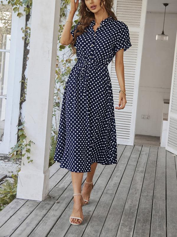 all-match shirt collar polka dot waist waist dress BLUE ZONE PLANET