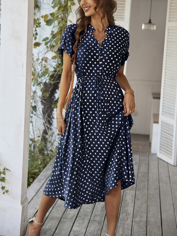 all-match shirt collar polka dot waist waist dress BLUE ZONE PLANET