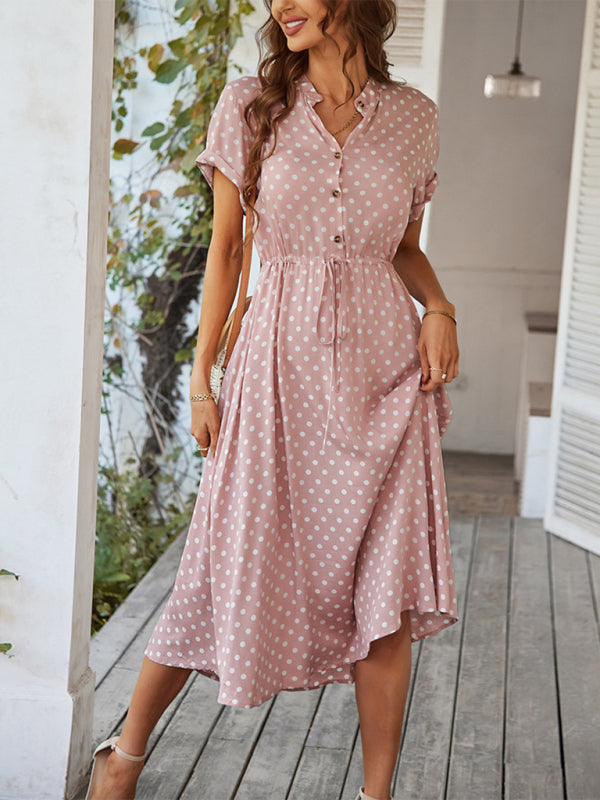 all-match shirt collar polka dot waist waist dress BLUE ZONE PLANET