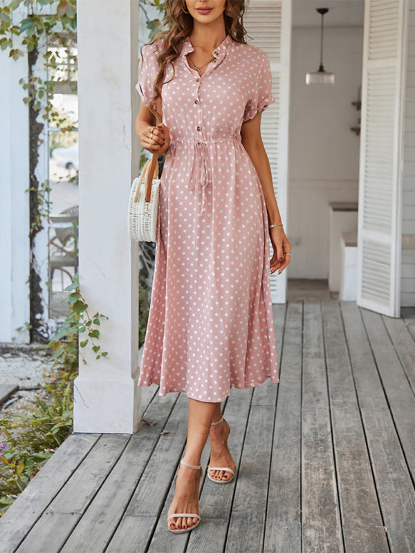 all-match shirt collar polka dot waist waist dress BLUE ZONE PLANET