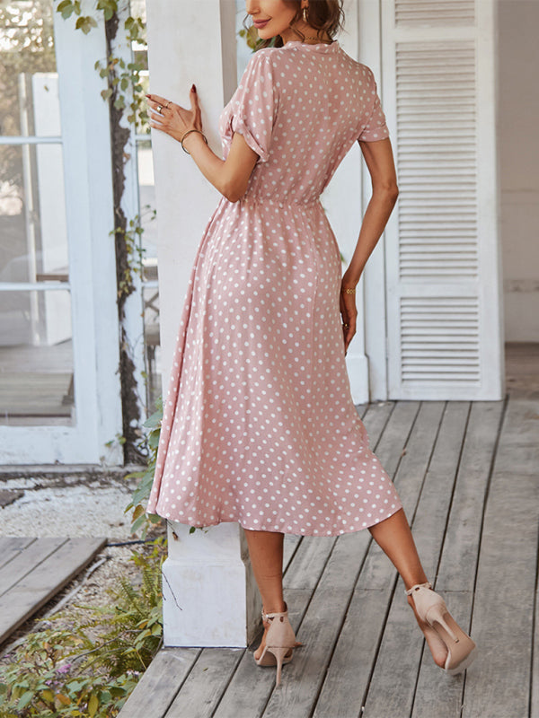 all-match shirt collar polka dot waist waist dress BLUE ZONE PLANET