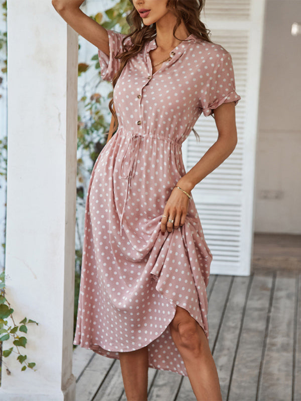 all-match shirt collar polka dot waist waist dress BLUE ZONE PLANET