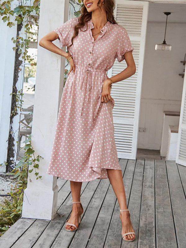 all-match shirt collar polka dot waist waist dress BLUE ZONE PLANET