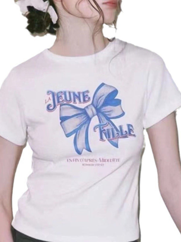 Blue Zone Planet | short-sleeved street solid color bow print round neck T-shirt BLUE ZONE PLANET