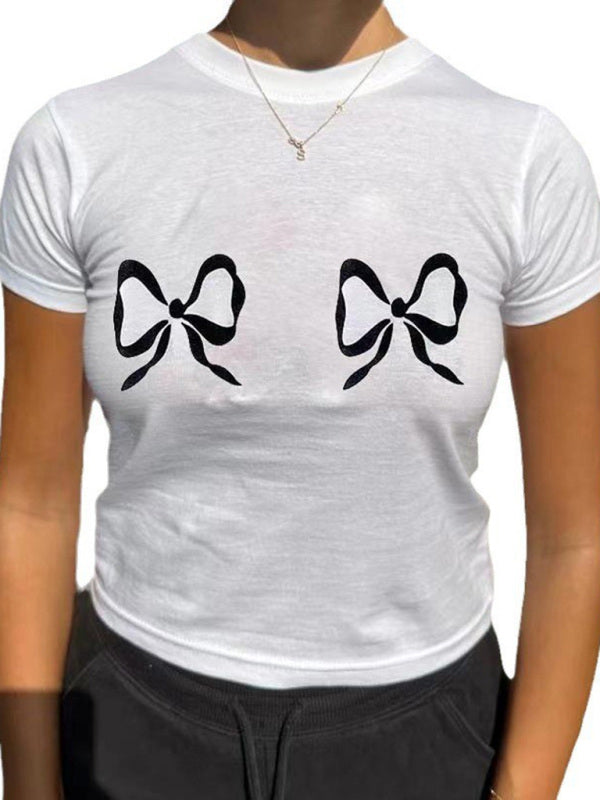 Blue Zone Planet | short-sleeved street solid color bow print round neck T-shirt BLUE ZONE PLANET