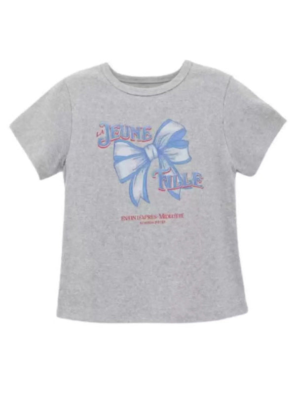Blue Zone Planet | short-sleeved street solid color bow print round neck T-shirt BLUE ZONE PLANET