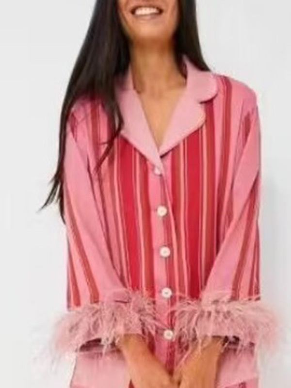 Irregular striped shirt and trousers loose two-piece feather home clothes BLUE ZONE PLANET