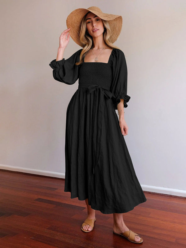 style rope belt ruffled lantern sleeve dress BLUE ZONE PLANET