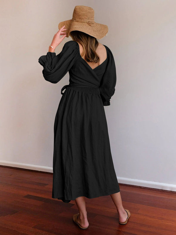 style rope belt ruffled lantern sleeve dress BLUE ZONE PLANET