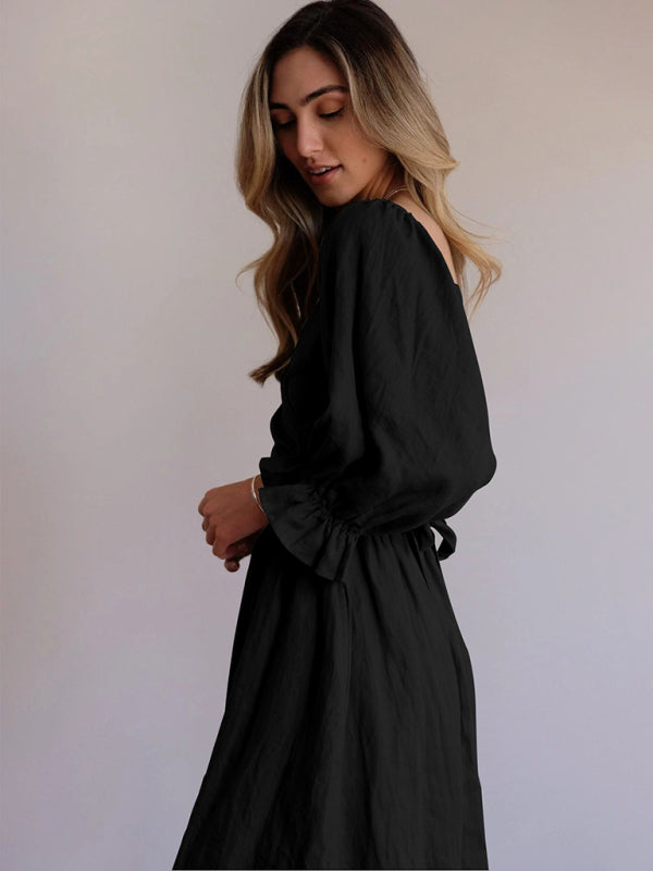 style rope belt ruffled lantern sleeve dress BLUE ZONE PLANET
