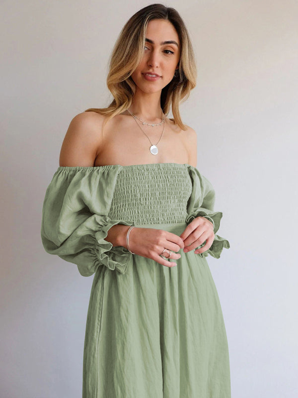 style rope belt ruffled lantern sleeve dress BLUE ZONE PLANET
