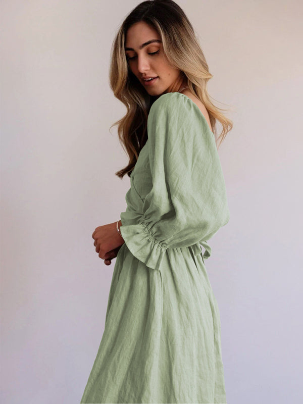 style rope belt ruffled lantern sleeve dress BLUE ZONE PLANET