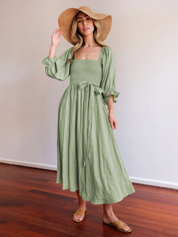 style rope belt ruffled lantern sleeve dress BLUE ZONE PLANET