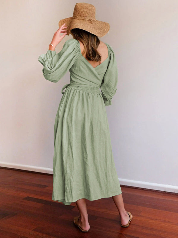 style rope belt ruffled lantern sleeve dress BLUE ZONE PLANET