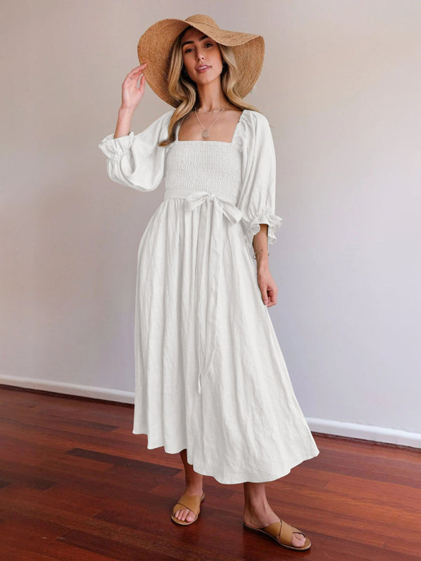 style rope belt ruffled lantern sleeve dress BLUE ZONE PLANET
