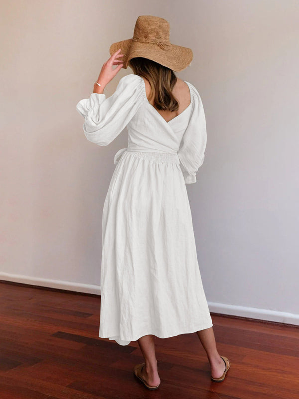 style rope belt ruffled lantern sleeve dress BLUE ZONE PLANET