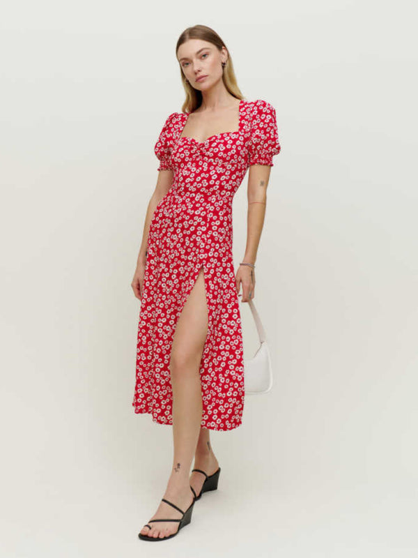 square neck lantern short sleeve printed hem slit long dress BLUE ZONE PLANET