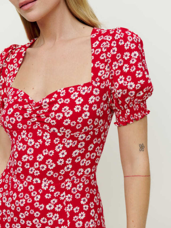 square neck lantern short sleeve printed hem slit long dress BLUE ZONE PLANET