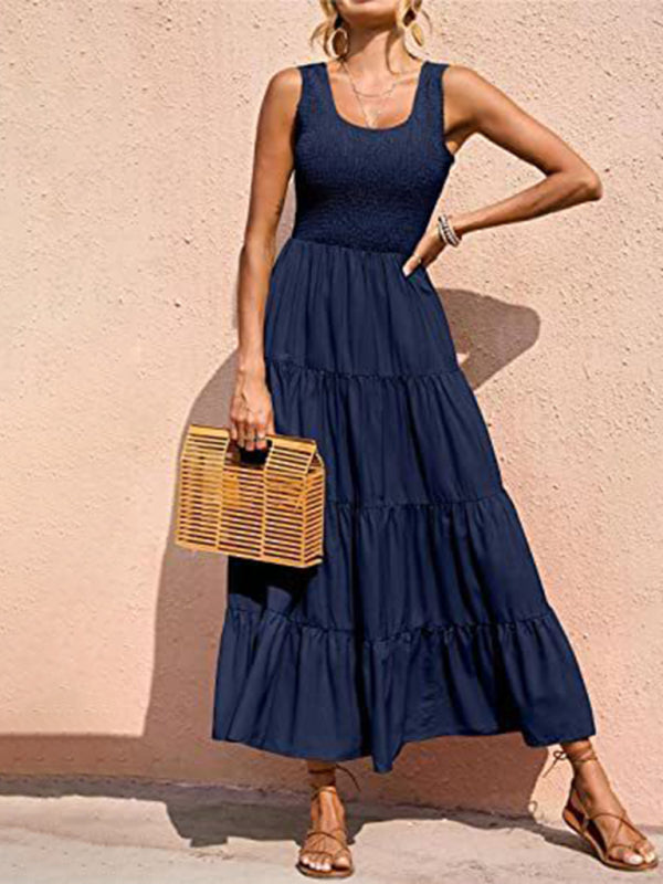 spaghetti strap skirt pleated stitching A-line large hem dress BLUE ZONE PLANET