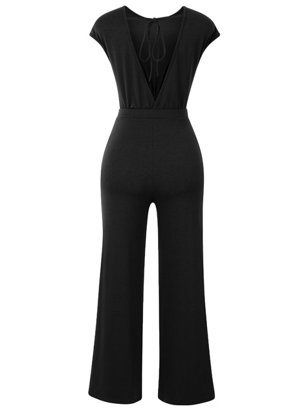 Blue Zone Planet | Ava's backless solid color round neck short sleeve knitted jumpsuit BLUE ZONE PLANET