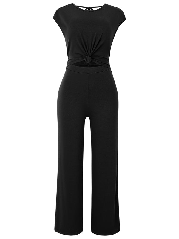 Blue Zone Planet | Ava's backless solid color round neck short sleeve knitted jumpsuit BLUE ZONE PLANET