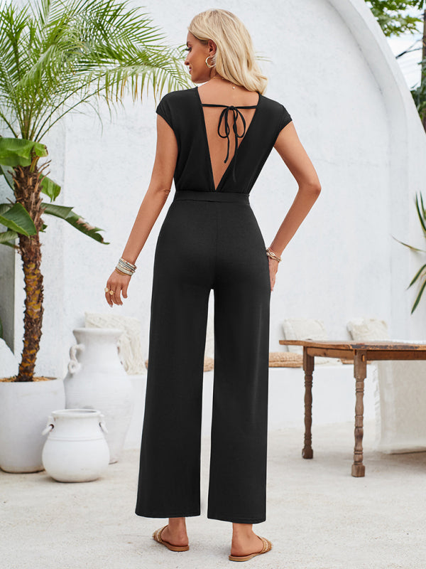 Blue Zone Planet | Ava's backless solid color round neck short sleeve knitted jumpsuit BLUE ZONE PLANET