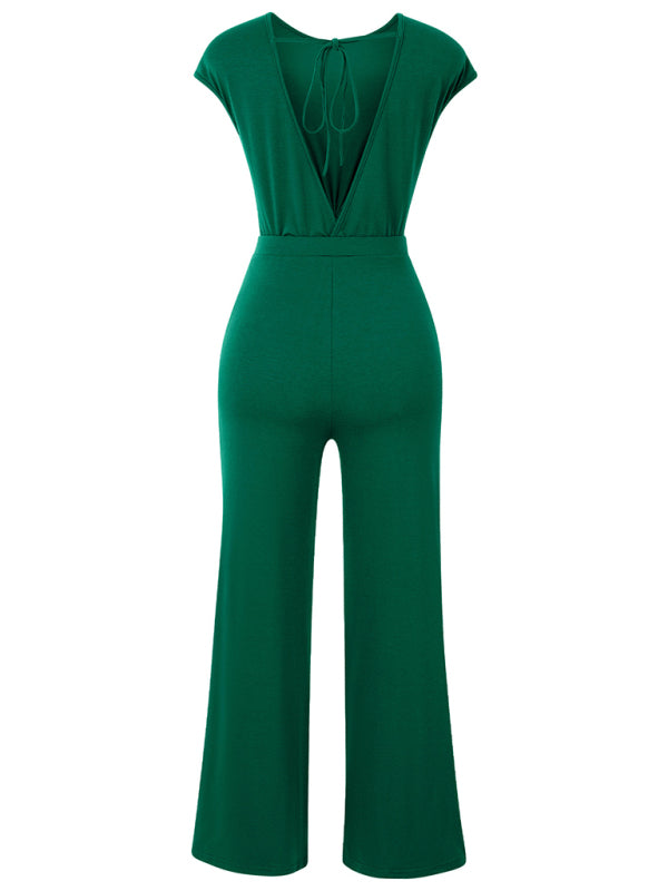 Blue Zone Planet | Ava's backless solid color round neck short sleeve knitted jumpsuit BLUE ZONE PLANET