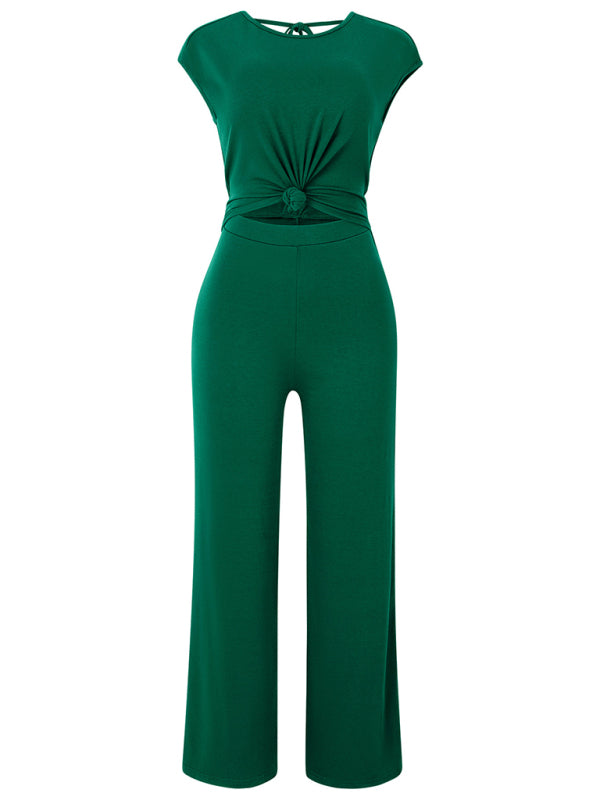 Blue Zone Planet | Ava's backless solid color round neck short sleeve knitted jumpsuit BLUE ZONE PLANET