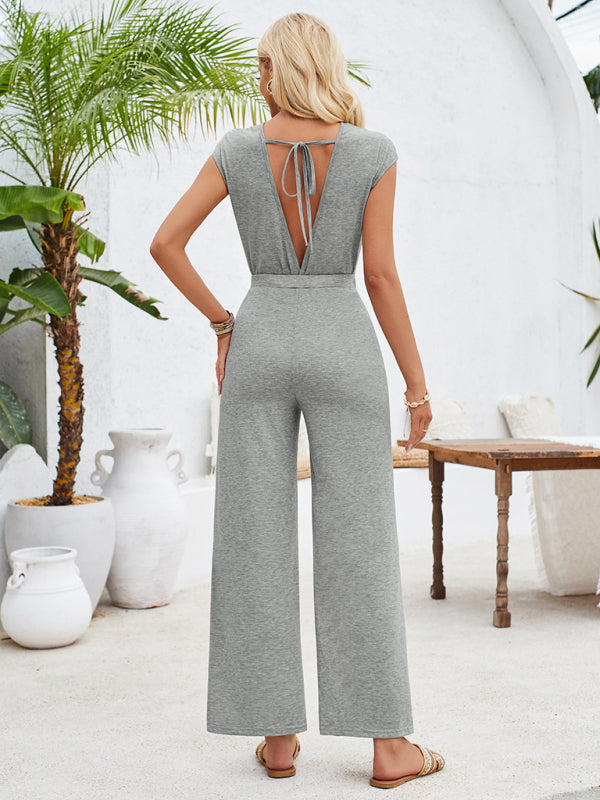 Blue Zone Planet | Ava's backless solid color round neck short sleeve knitted jumpsuit BLUE ZONE PLANET