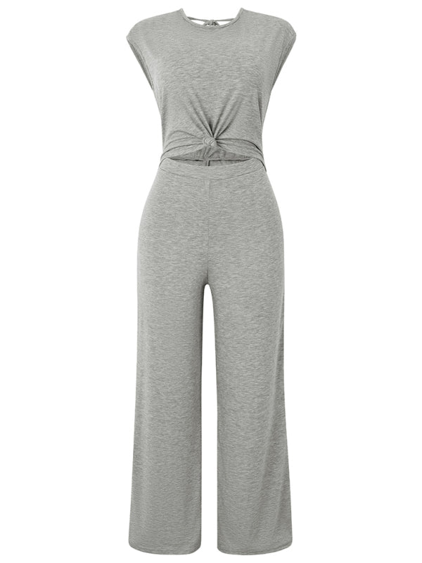 Blue Zone Planet | Ava's backless solid color round neck short sleeve knitted jumpsuit BLUE ZONE PLANET