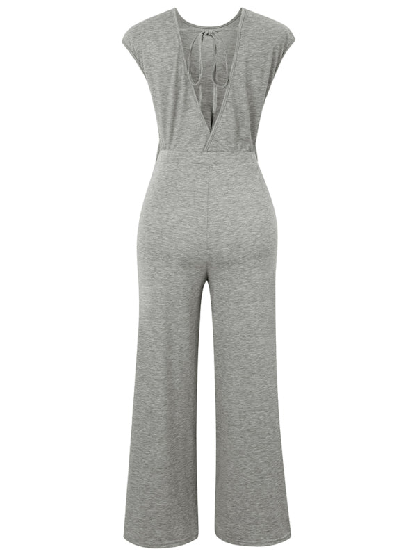 Blue Zone Planet | Ava's backless solid color round neck short sleeve knitted jumpsuit BLUE ZONE PLANET