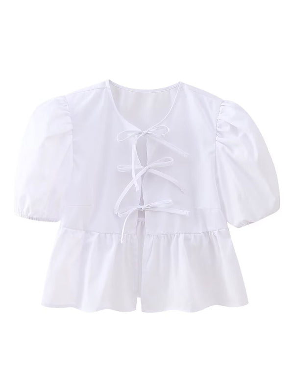 hottie slim fit strappy puff sleeve short sleeve shirt top BLUE ZONE PLANET