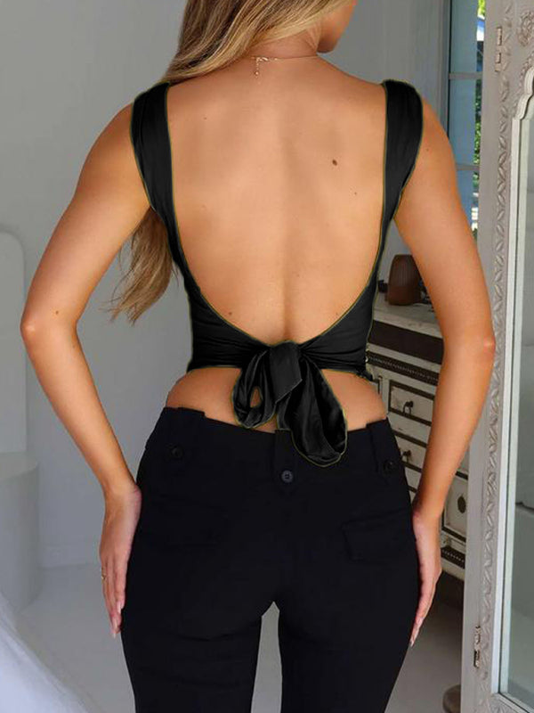 Blue Zone Planet | Ava's Spaghetti Strap Cross Large V-Neck Backless Lace-Up able Top BLUE ZONE PLANET