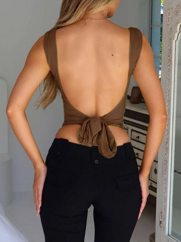 Blue Zone Planet | Ava's Spaghetti Strap Cross Large V-Neck Backless Lace-Up able Top BLUE ZONE PLANET