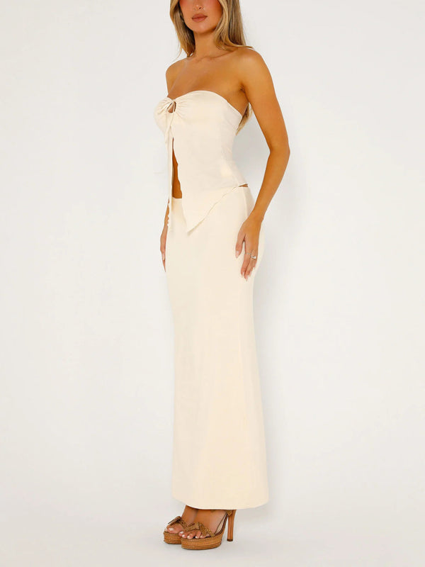 Blue Zone Planet |  Emily's Solid Color Sleeveless Mesh Double Layer Slit Tube Top Vest and Maxi Skirt Suit Set BLUE ZONE PLANET