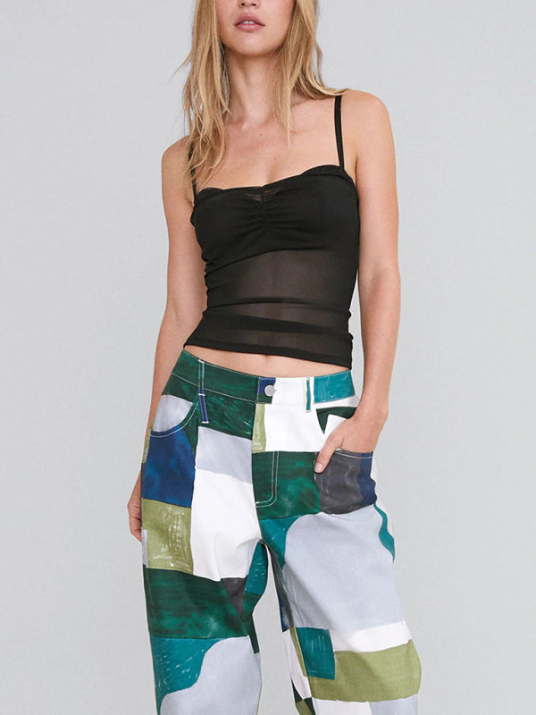 Blue Zone Planet | Camisole mesh printed tube top lace tube top Y2k hot girl top BLUE ZONE PLANET