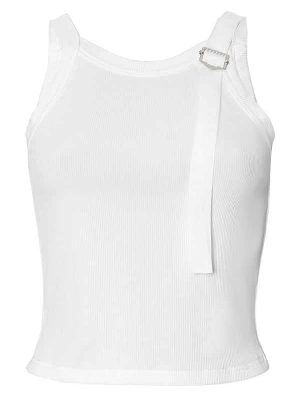 Blue Zone Planet | spaghetti strap slim fit patchwork navel-baring solid color tank top T-shirt BLUE ZONE PLANET