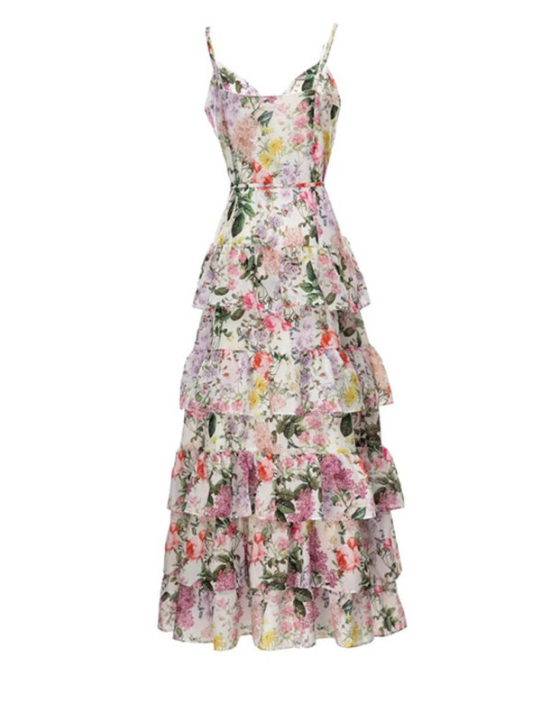 Blue Zone Planet | Ava's Elegant Single-Breasted Spaghetti Strap Printed Ruffled Maxi Dress BLUE ZONE PLANET