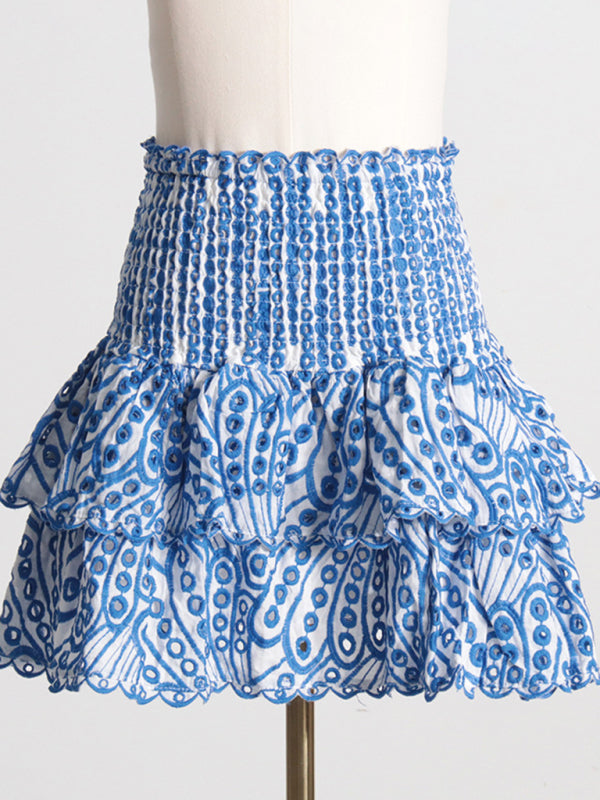 French-style ear-hemmed short top, high-waisted cake layer skirt, sexy two-piece suit kakaclo
