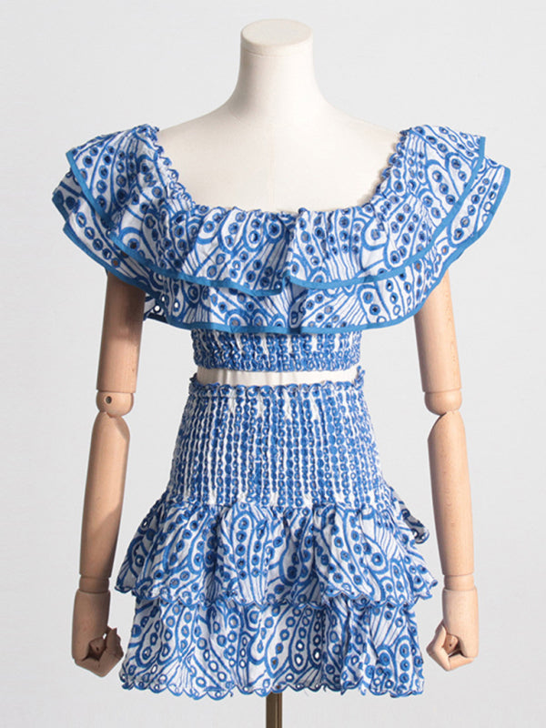 French-style ear-hemmed short top, high-waisted cake layer skirt, sexy two-piece suit kakaclo