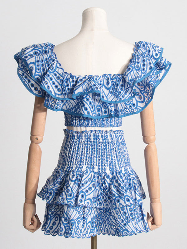 French-style ear-hemmed short top, high-waisted cake layer skirt, sexy two-piece suit kakaclo