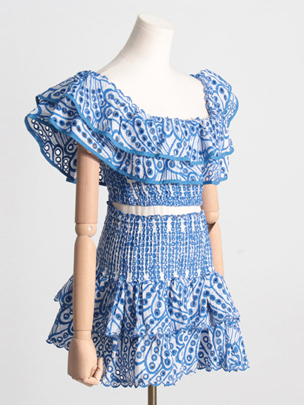 French-style ear-hemmed short top, high-waisted cake layer skirt, sexy two-piece suit kakaclo