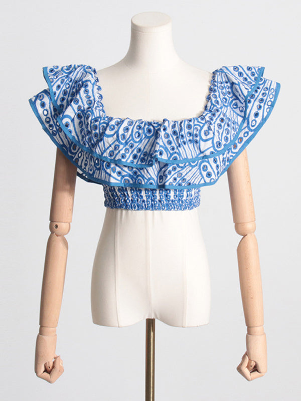 French-style ear-hemmed short top, high-waisted cake layer skirt, sexy two-piece suit kakaclo