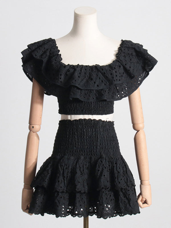 French-style ear-hemmed short top, high-waisted cake layer skirt, sexy two-piece suit kakaclo