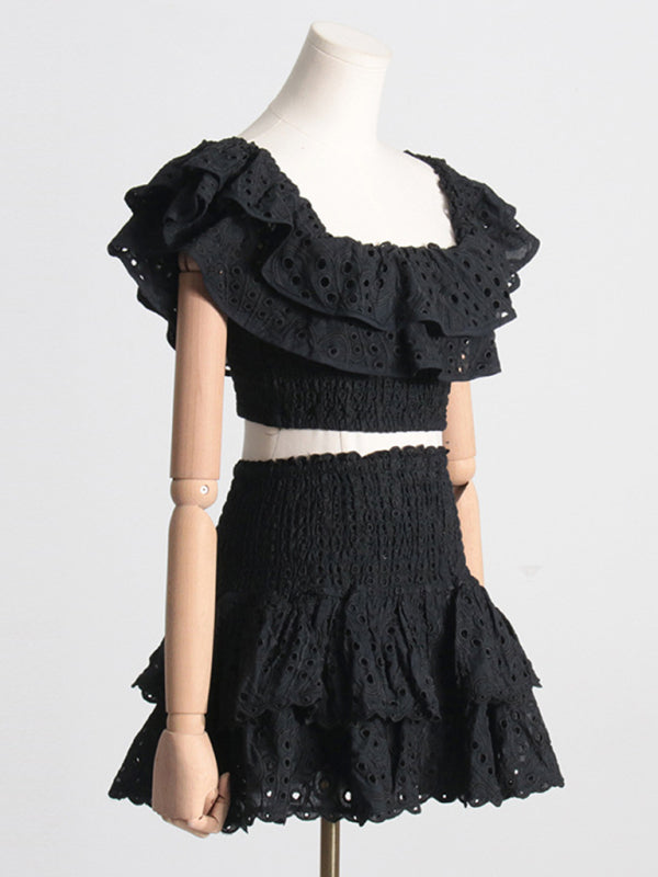 French-style ear-hemmed short top, high-waisted cake layer skirt, sexy two-piece suit kakaclo