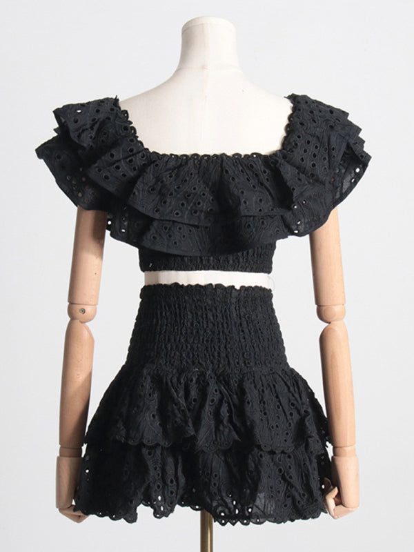 French-style ear-hemmed short top, high-waisted cake layer skirt, sexy two-piece suit kakaclo
