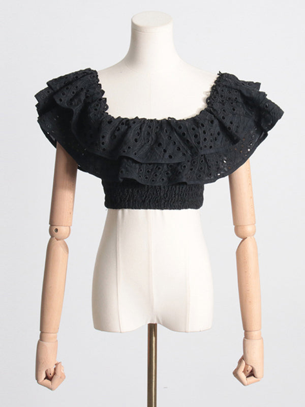 French-style ear-hemmed short top, high-waisted cake layer skirt, sexy two-piece suit kakaclo