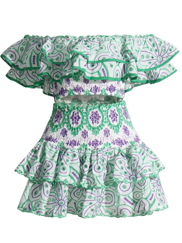 French-style ear-hemmed short top, high-waisted cake layer skirt, sexy two-piece suit kakaclo