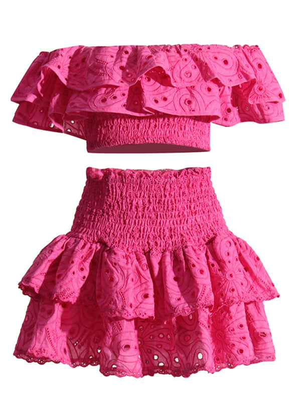 French-style ear-hemmed short top, high-waisted cake layer skirt, sexy two-piece suit kakaclo