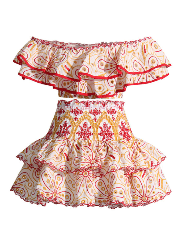 French-style ear-hemmed short top, high-waisted cake layer skirt, sexy two-piece suit kakaclo